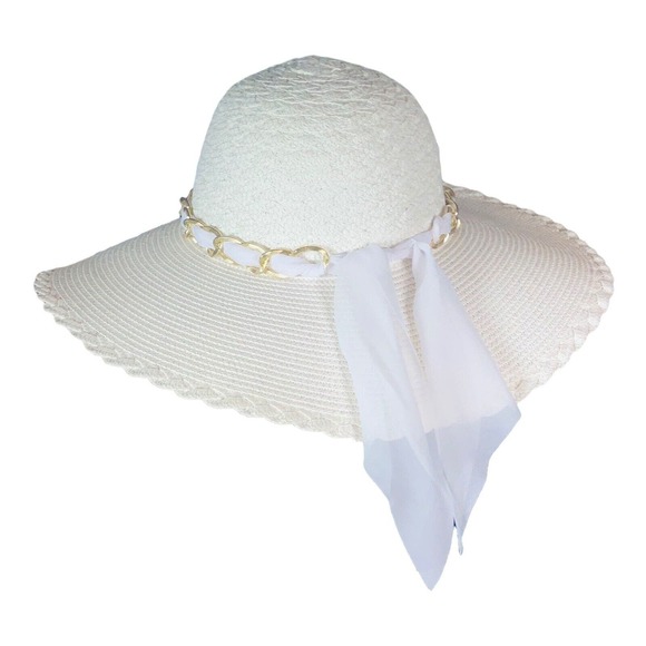 8993 Marcus Adler white Packable Floppy Sun Hat Beach o/s scarf trim wide brim - Picture 2 of 4